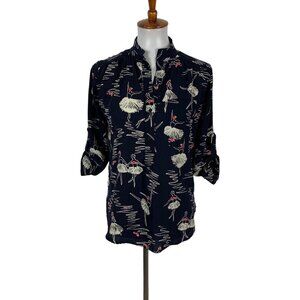 Cals Blouse XS Navy Floral 34 Sleeve Button Down Lightweight Boho Chic